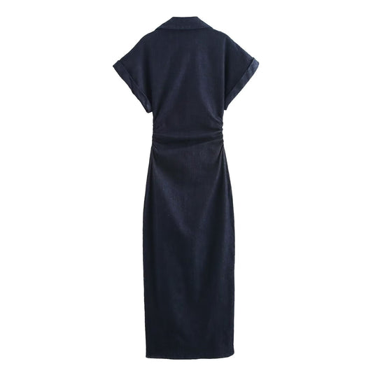 Fashion single breasted lapel short sleeved denim dress for women