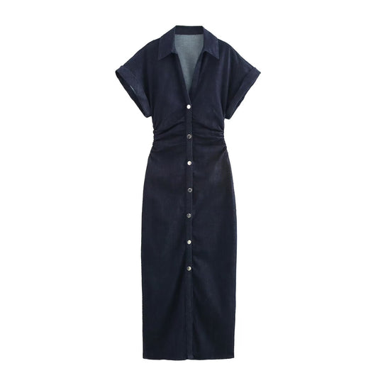 Fashion single breasted lapel short sleeved denim dress for women